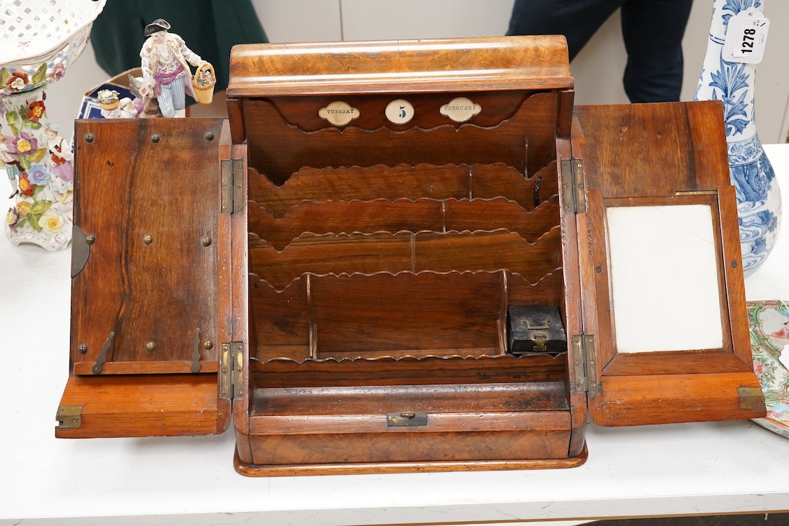 A 19th century burr walnut two door fitted stationery box, 31cm high